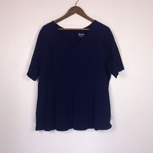 D & Co Blue T-Shirt with Floral Lace Sleeves